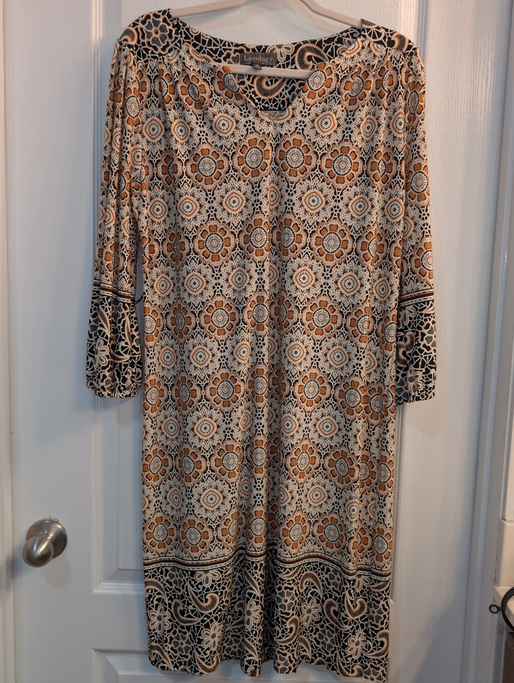 Luxology Womens Beige and Black Patterned Midi Dress Sz 10